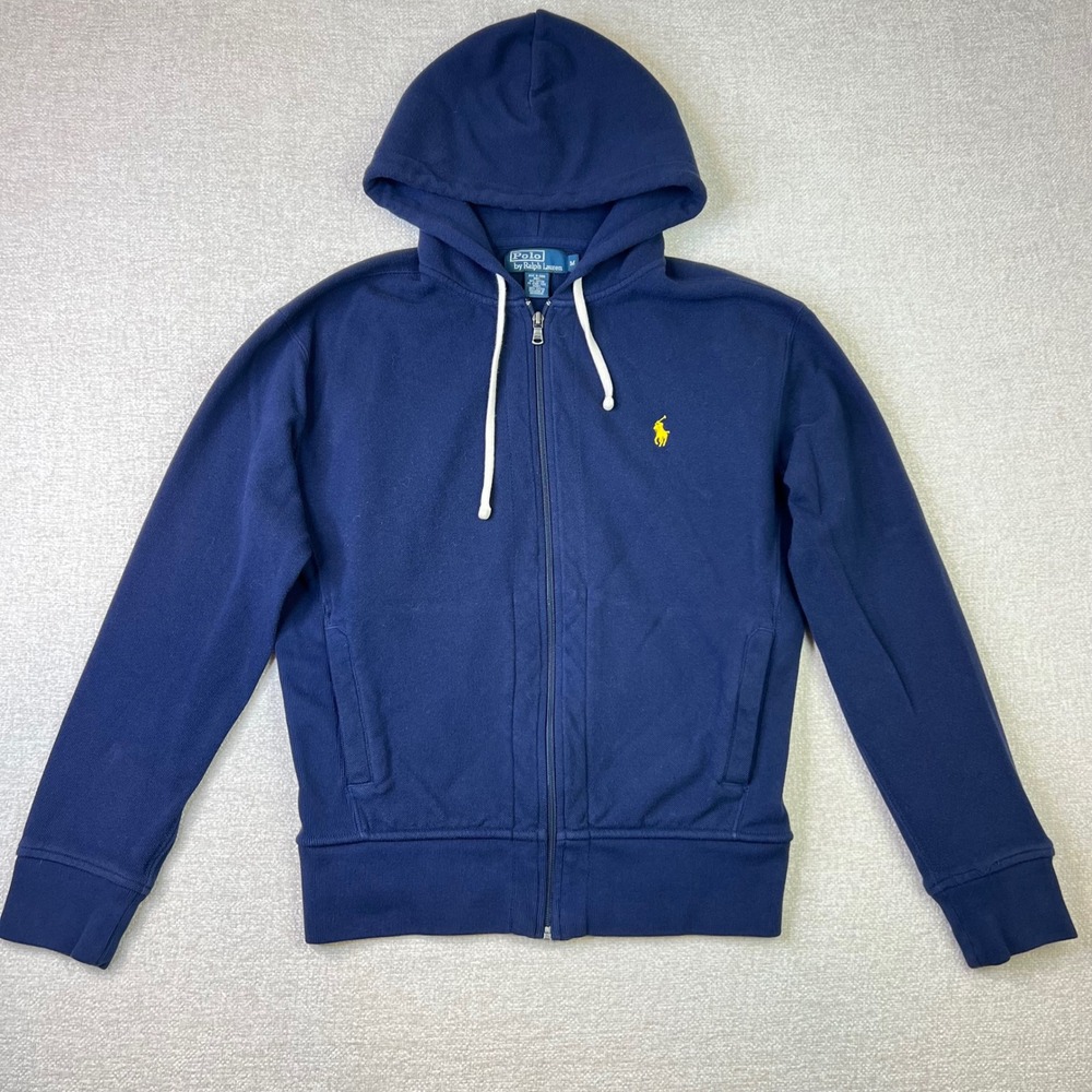 Polo Ralph Lauren Classic Full Zip Hoodie Mens M Navy Blue Waffle Yellow Pony
